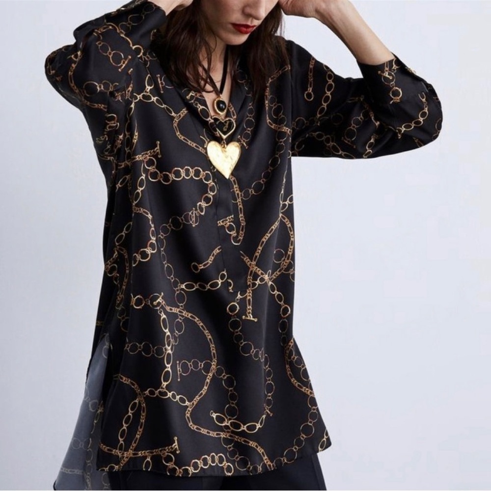 Zara black gold chain print tunic NWT​